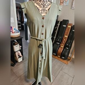 Elegant Sage Green Button Midi Dress